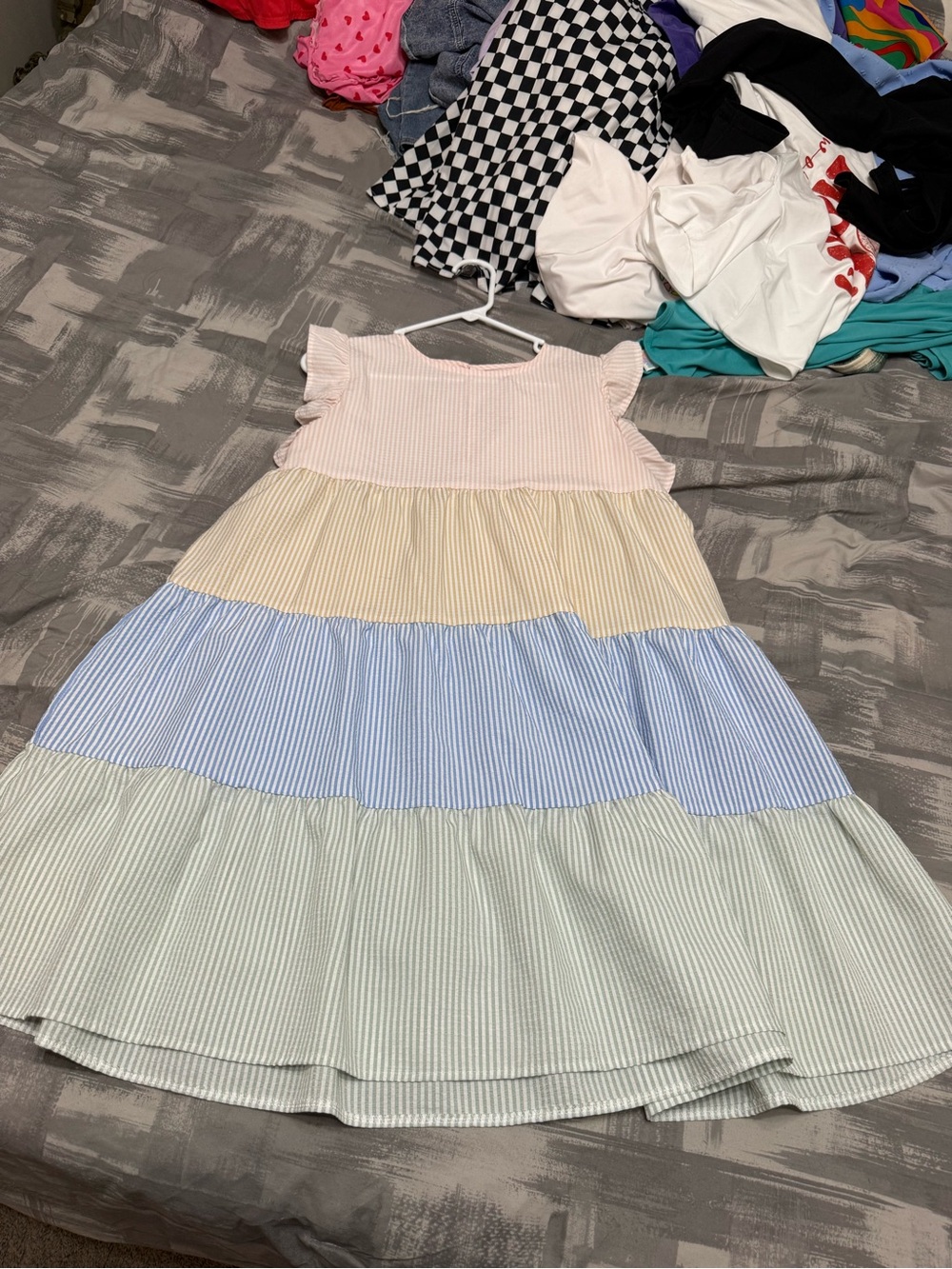 SHEIN Pastel Tiered Stripe Dress in Pink, Yellow, Blue & Green